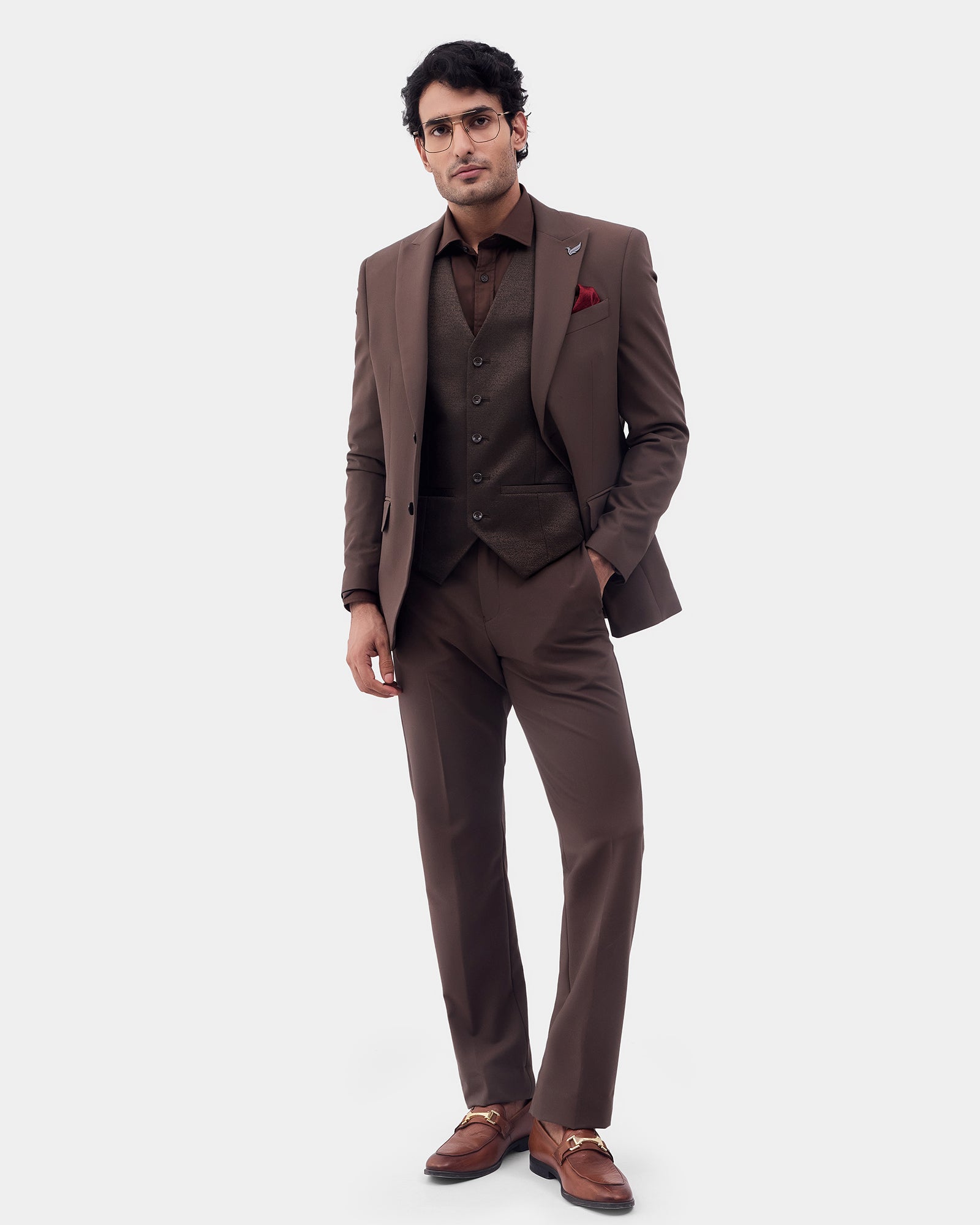 Brown Three Piece Solid Suit - Colteo