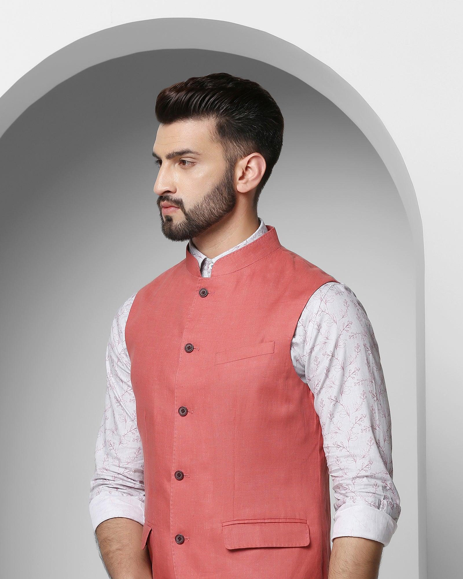 Solid Casual Bandhgala Waistcoat In Peach (Seamus) - Blackberrys