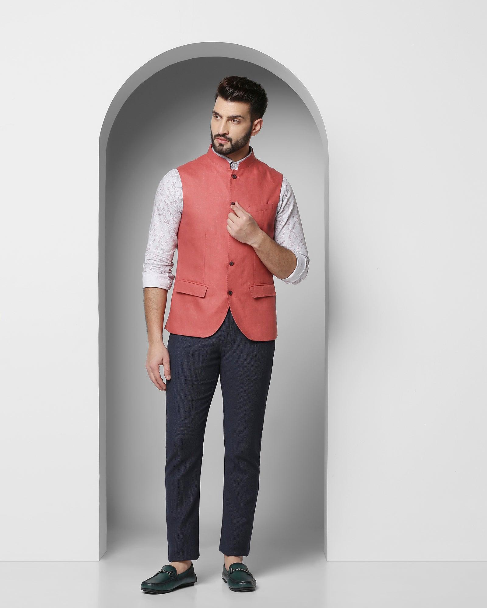 Solid Casual Bandhgala Waistcoat In Peach (Seamus) - Blackberrys