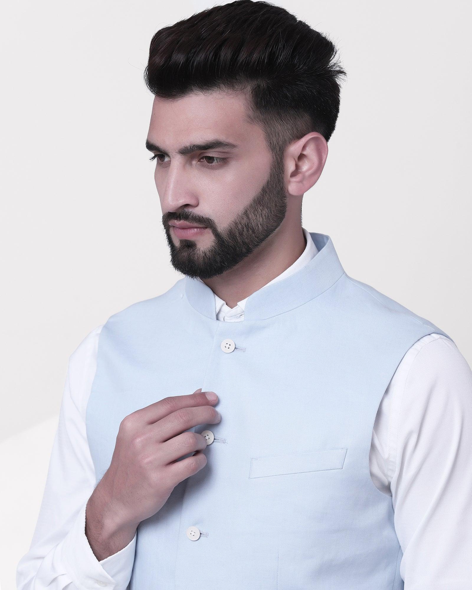 Solid Casual Bandhgala Waistcoat In Sky Blue (Crew) - Blackberrys