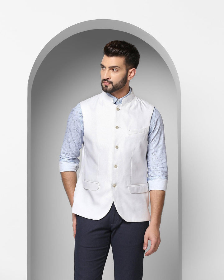 Linen Casual White Solid Waistcoat - Seamus