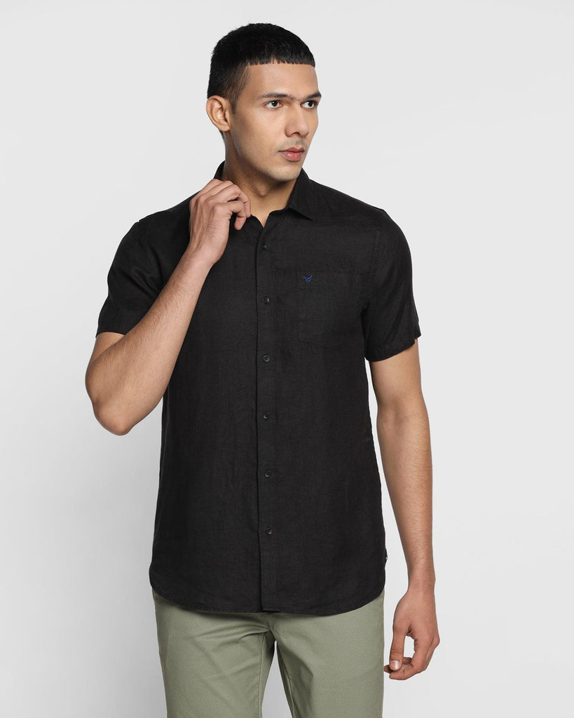 Linen Formal Half Sleeve Black Solid Shirt - Bowen