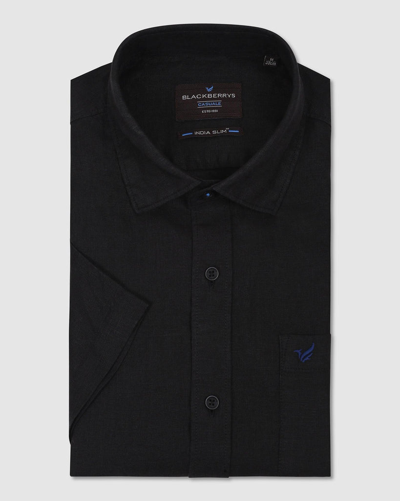 Linen Formal Half Sleeve Black Solid Shirt - Bowen