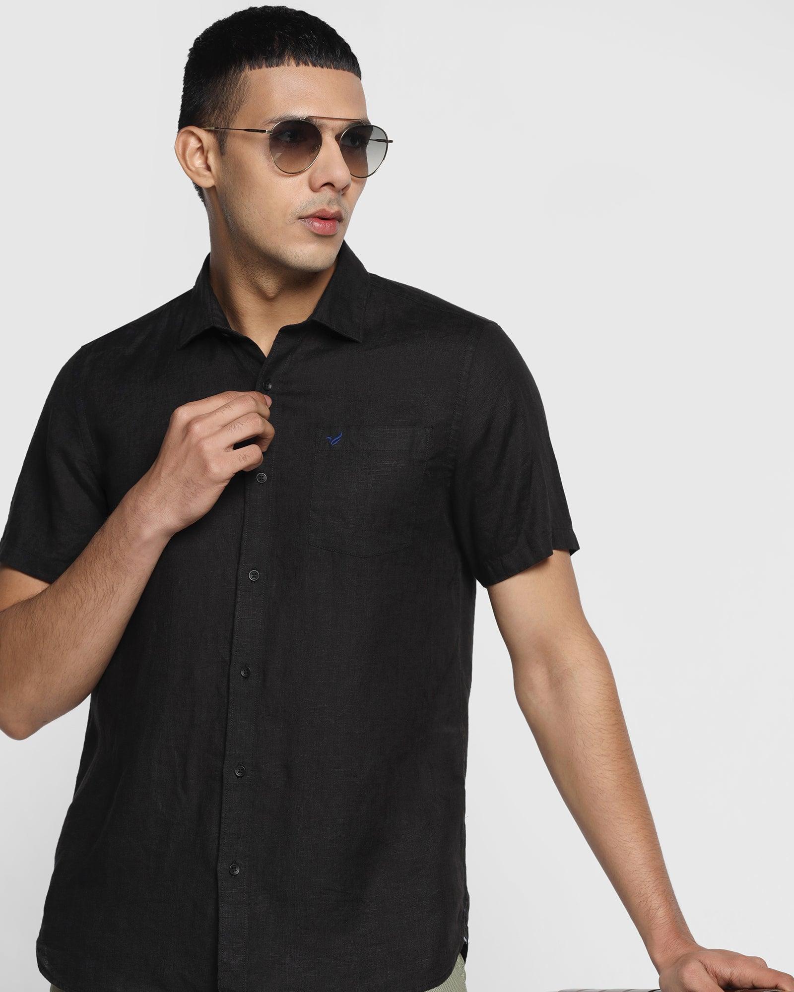 Linen Formal Half Sleeve Black Solid Shirt - Bowen