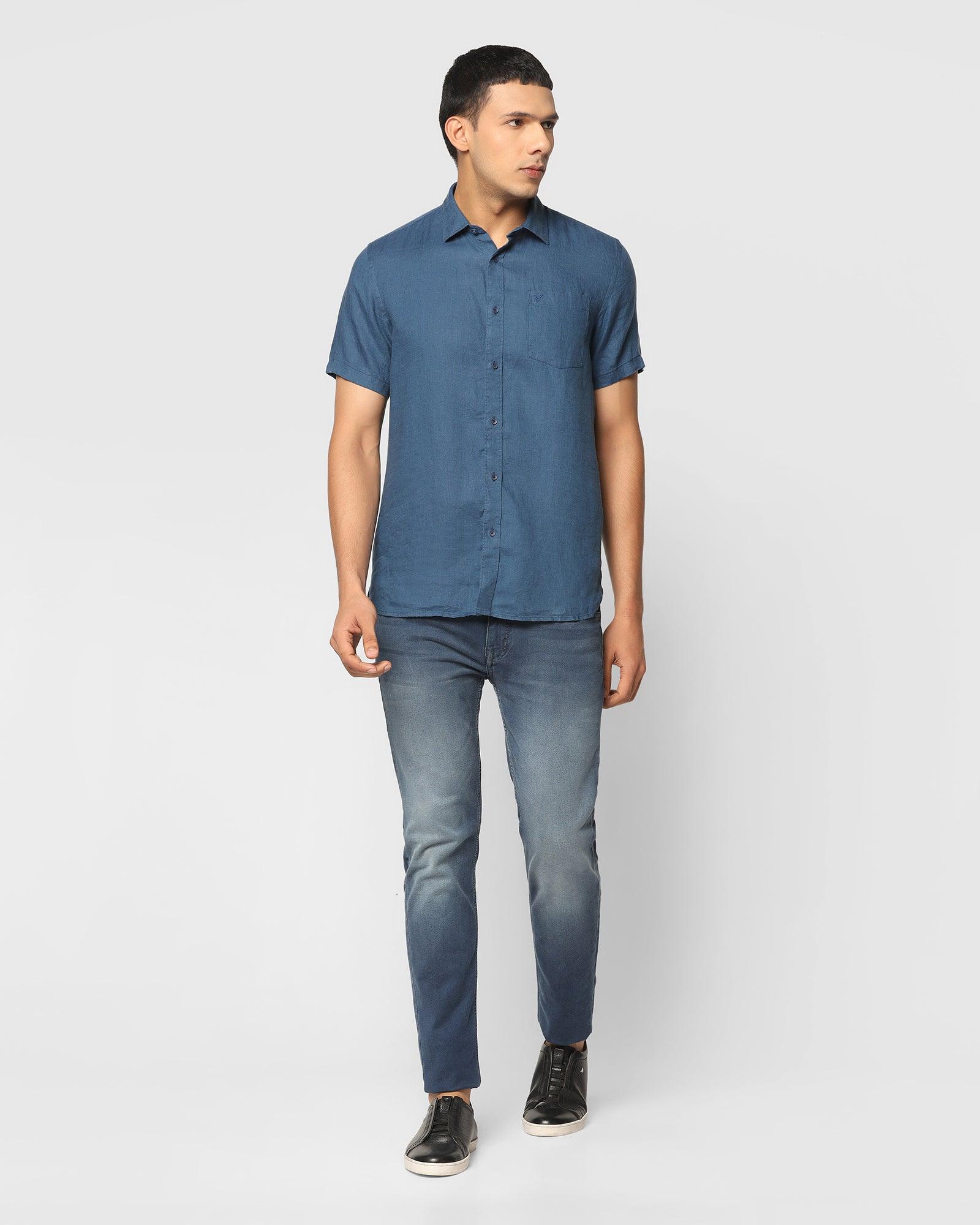 Linen Formal Half Sleeve Blue Solid Shirt - Bowen