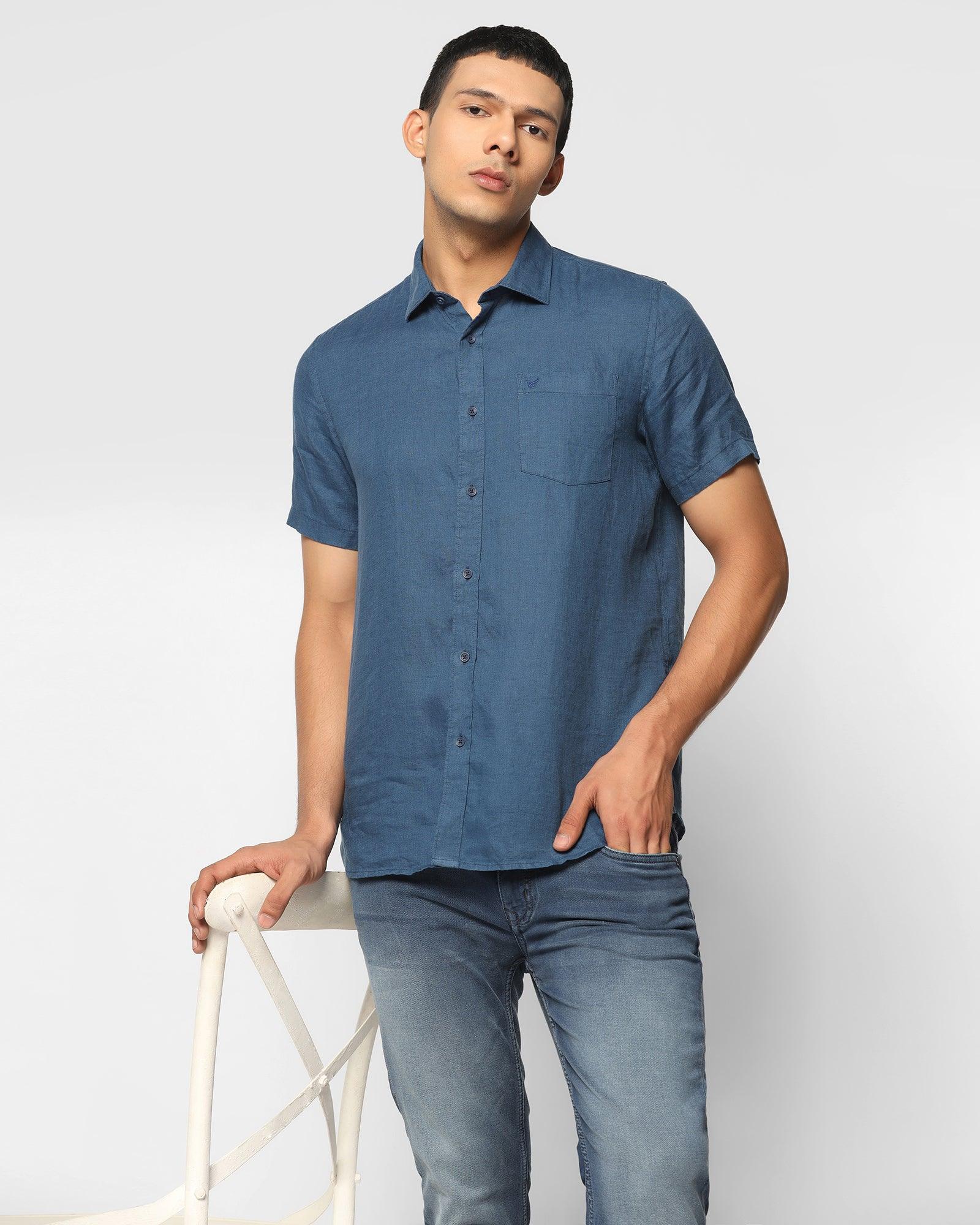 Linen Formal Half Sleeve Blue Solid Shirt - Bowen