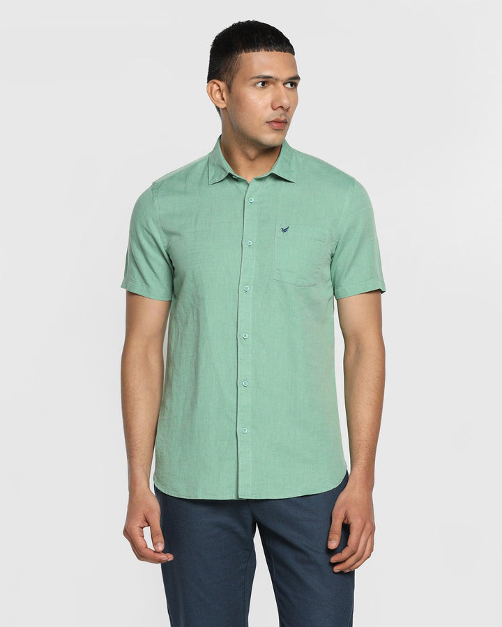 Linen Casual Half Sleeve Green Solid Shirt - Salmon