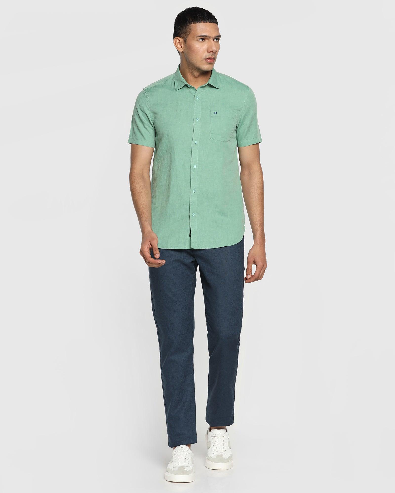 Linen Formal Half Sleeve Green Solid Shirt - Salmon