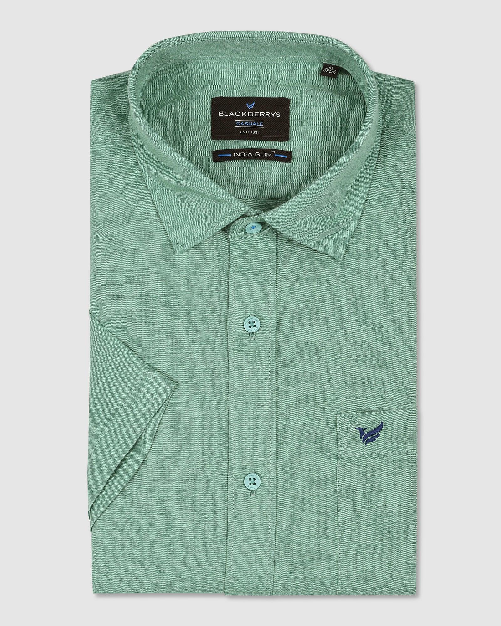 Linen Formal Half Sleeve Green Solid Shirt - Salmon