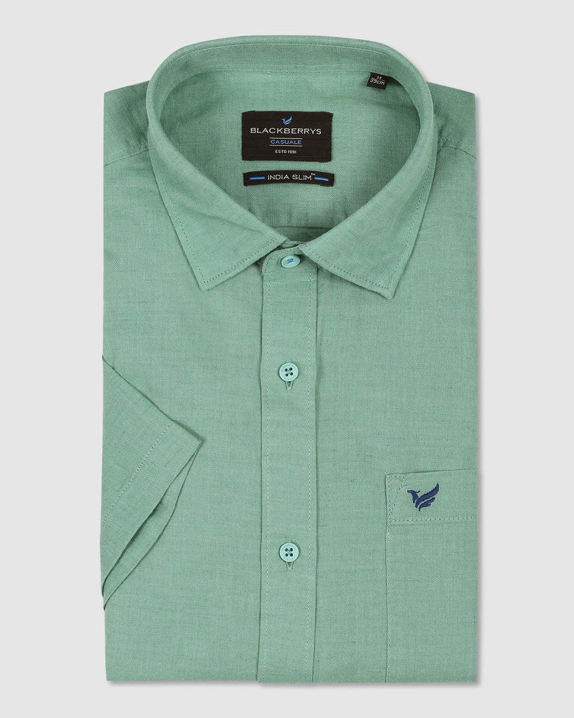 Linen Casual Half Sleeve Green Solid Shirt - Salmon