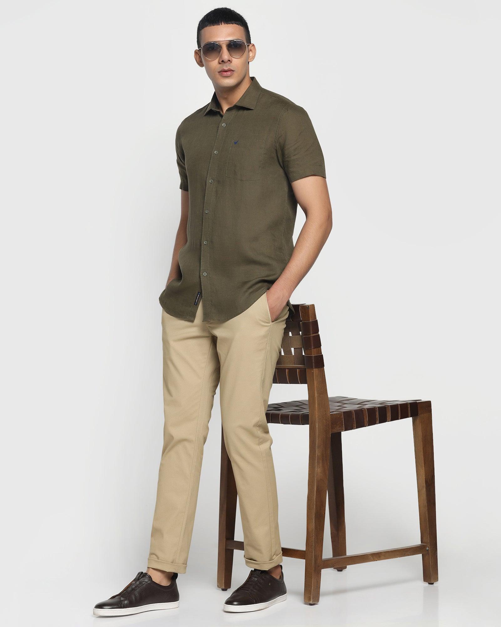 Linen Formal Half Sleeve Olive Solid Shirt - Bowen