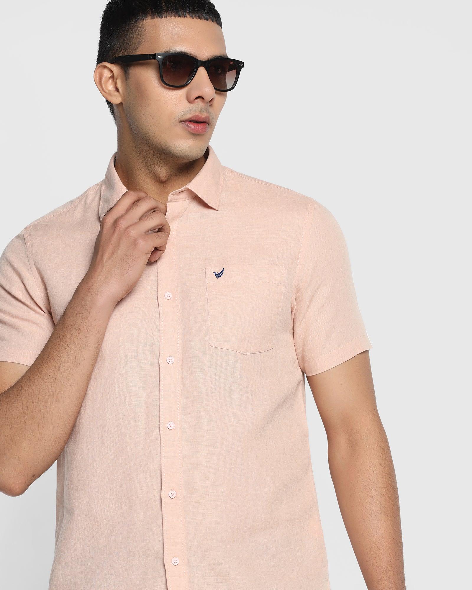 Linen Formal Half Sleeve Peach Solid Shirt - Salmon