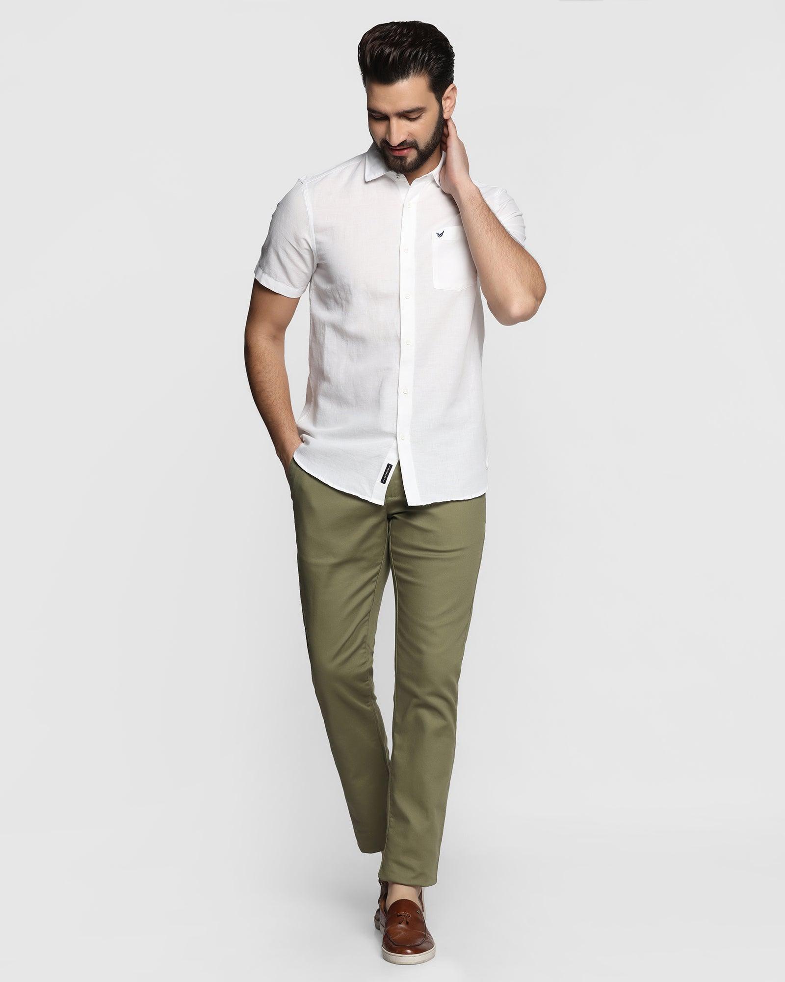 Linen Formal Half Sleeve White Solid Shirt - Salmon