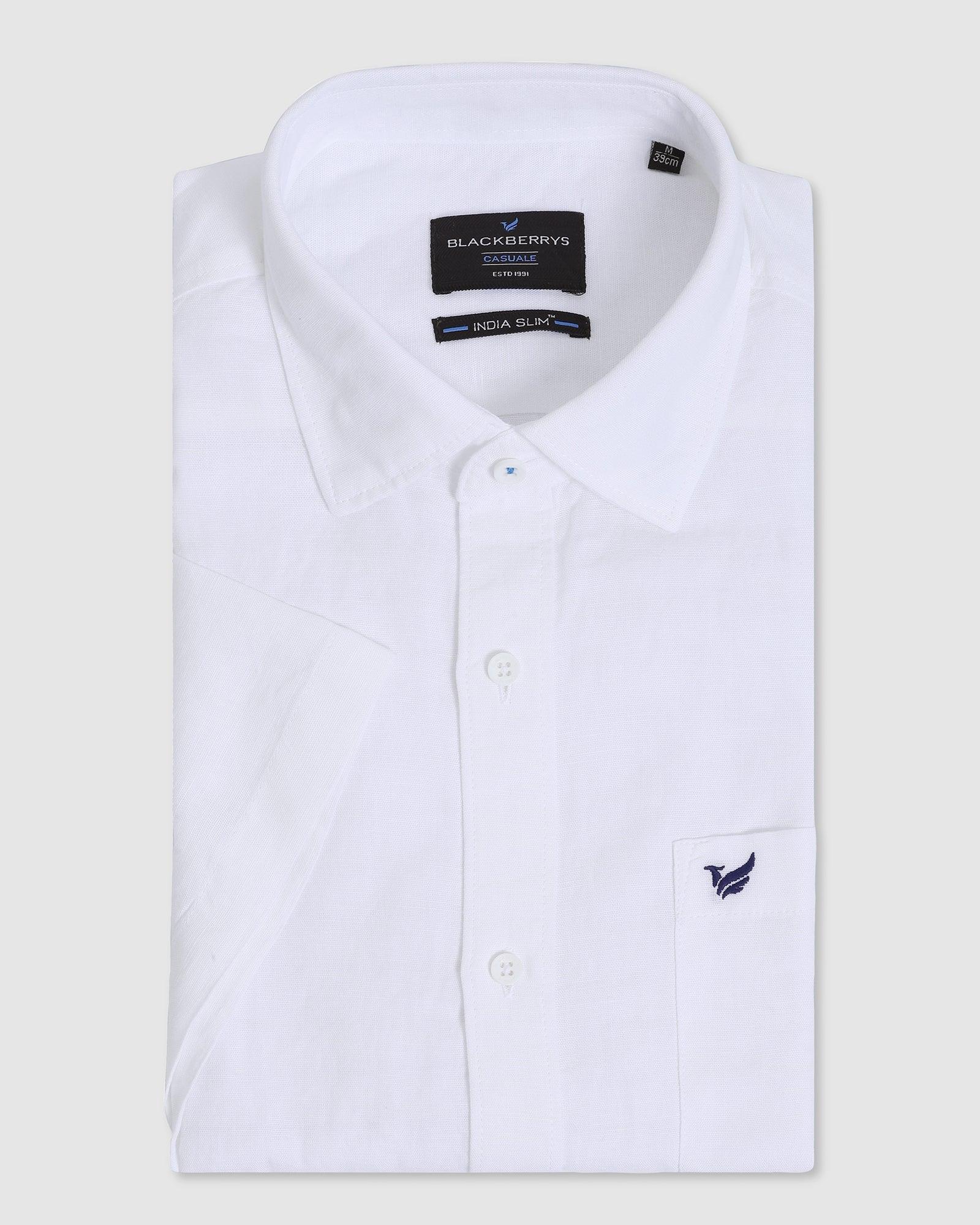 Linen Formal Half Sleeve White Solid Shirt - Salmon