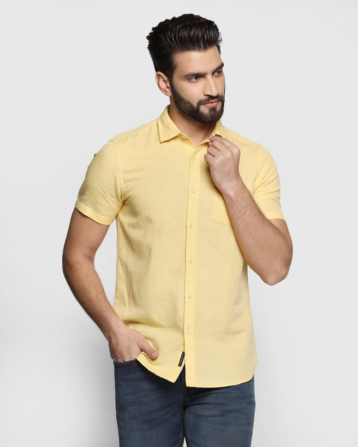 Linen Casual Half Sleeve Yellow Solid Shirt - Salmon