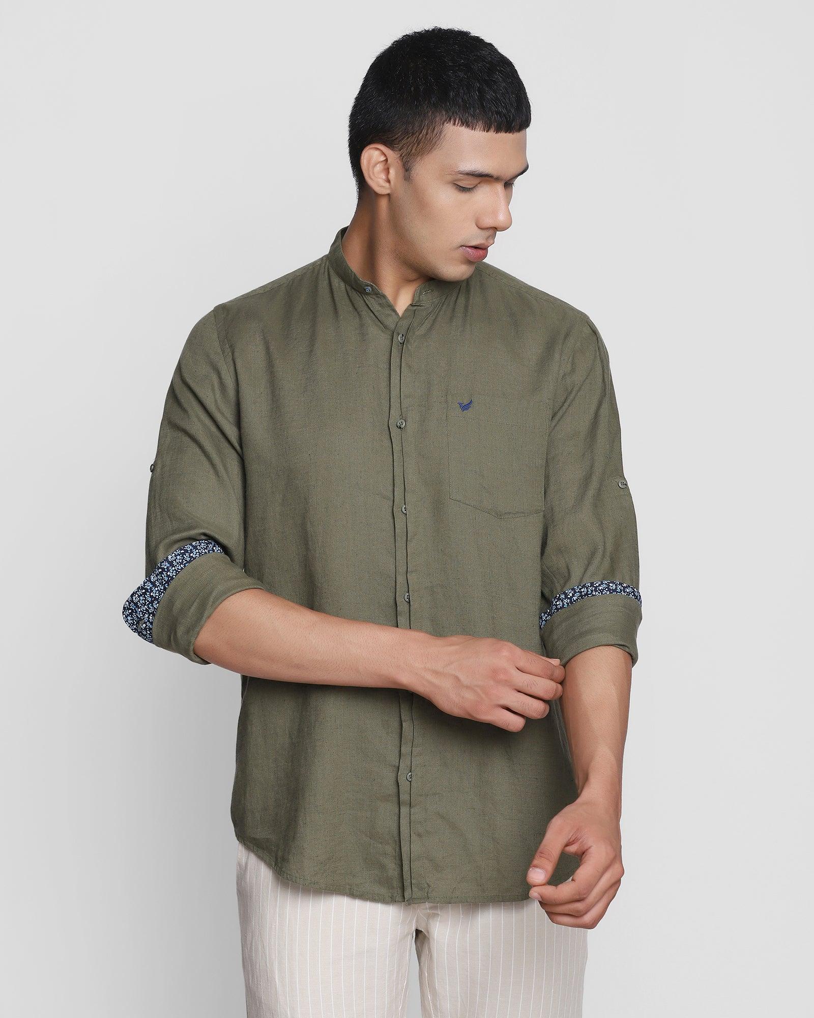 Linen Casual Olive Solid Shirt - Kacy