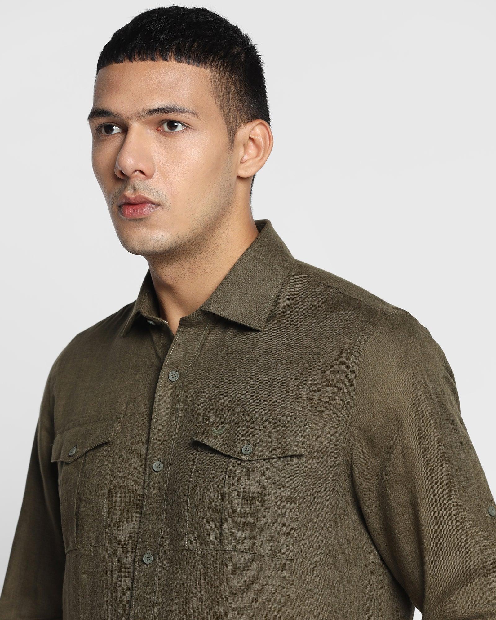 Linen Casual Olive Solid Shirt - Port