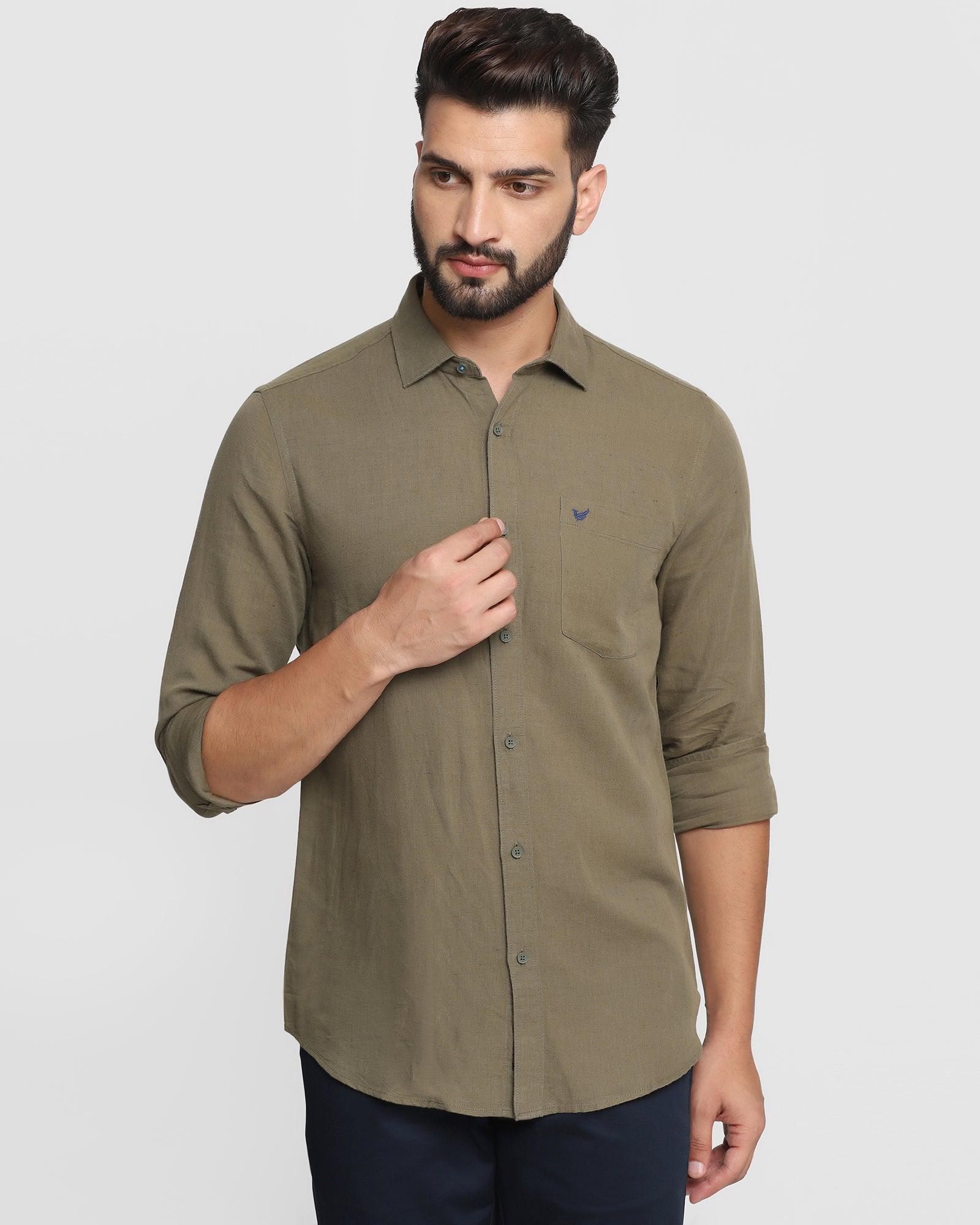 Linen Casual Olive Solid Shirt - Salmon