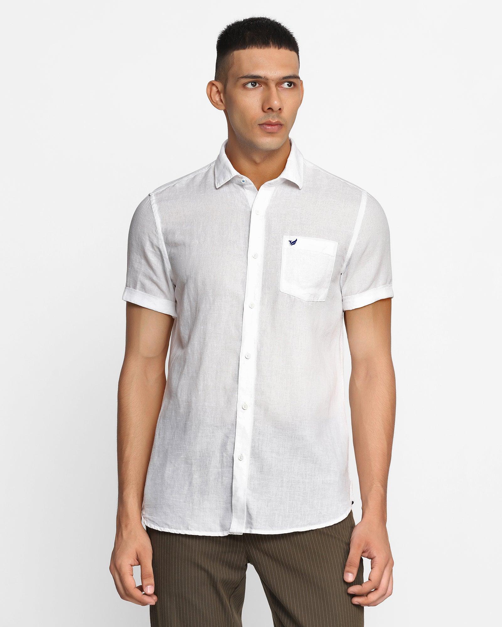 Linen Casual White Solid Shirt - Salmon