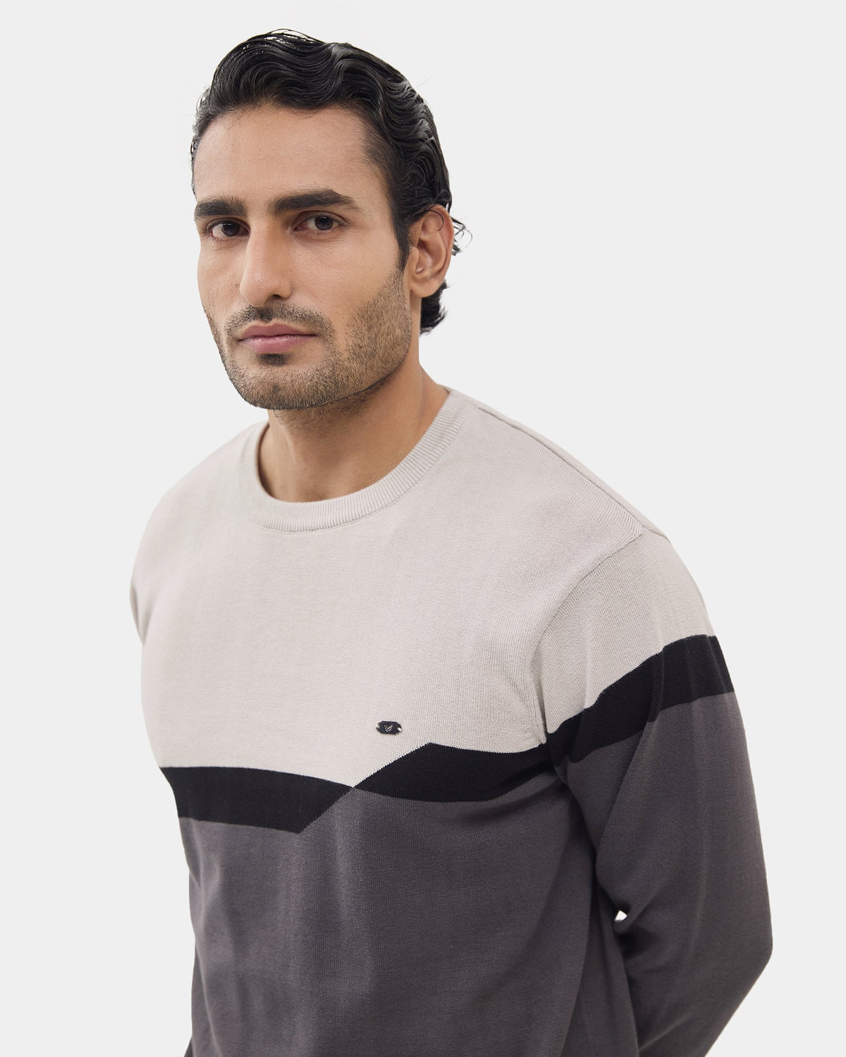 Charcoal Grey Crew Neck Textured Sweater - Pepper