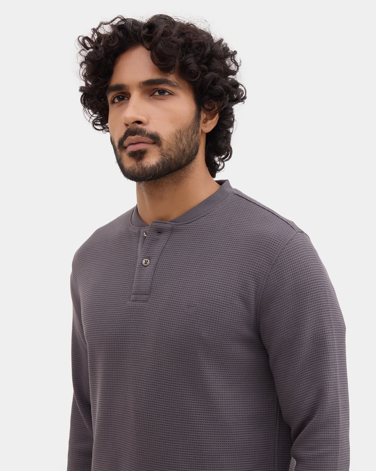 Charcoal Grey Henley Collar Textured Sweatshirt - Sand
