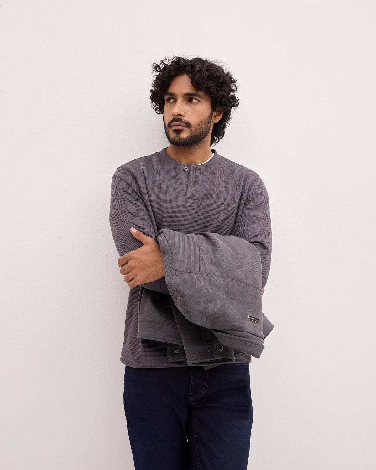 Charcoal Grey Henley Collar Textured Sweatshirt - Sand