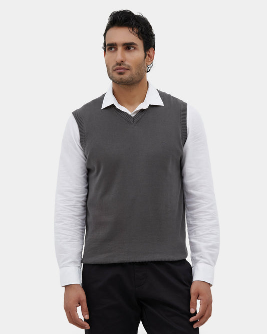 Charcoal Grey V-Neck Solid Sweater - Less