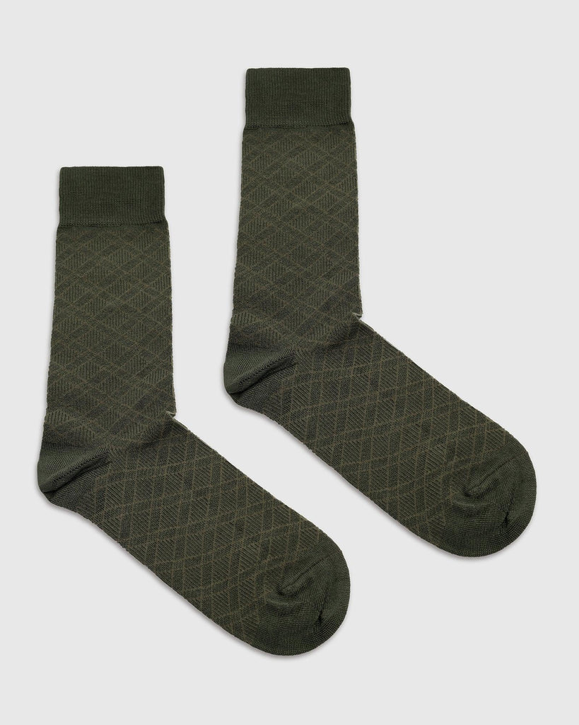 Cotton Dark Olive Check Socks - Saffron