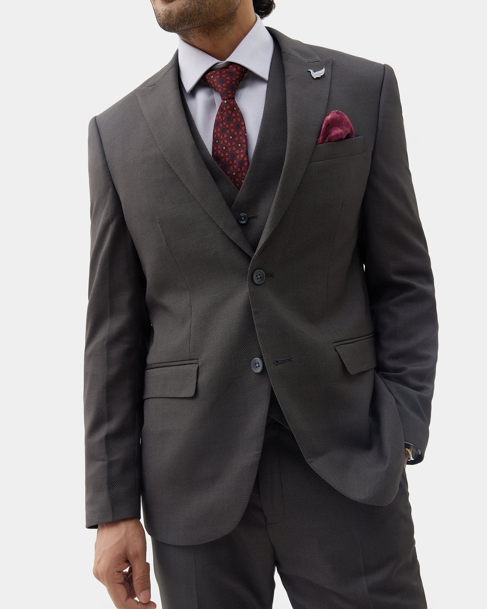 Charcoal Three Piece Textured Suit - Hiver