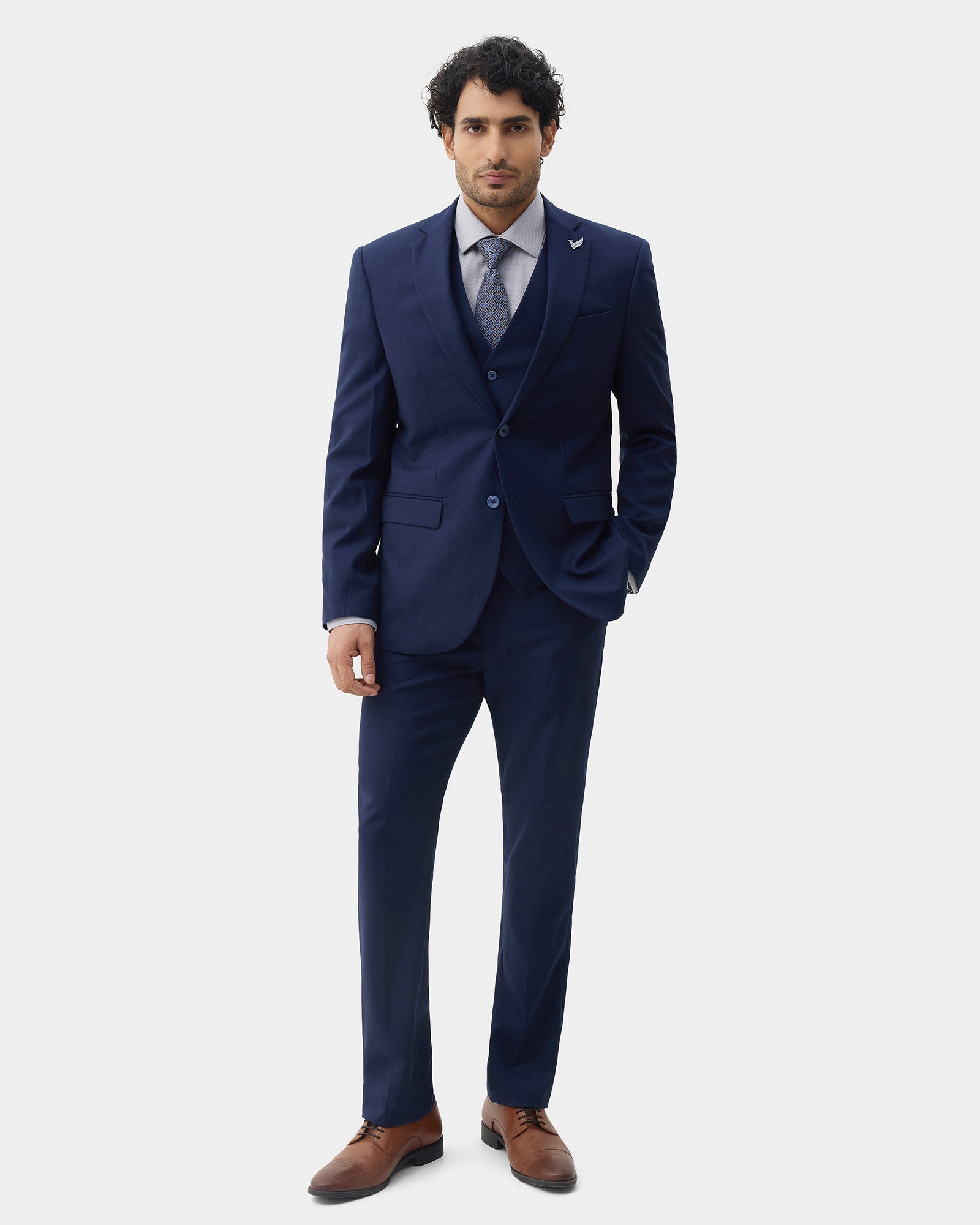 Navy Three Piece Textured Suit - Lenzo