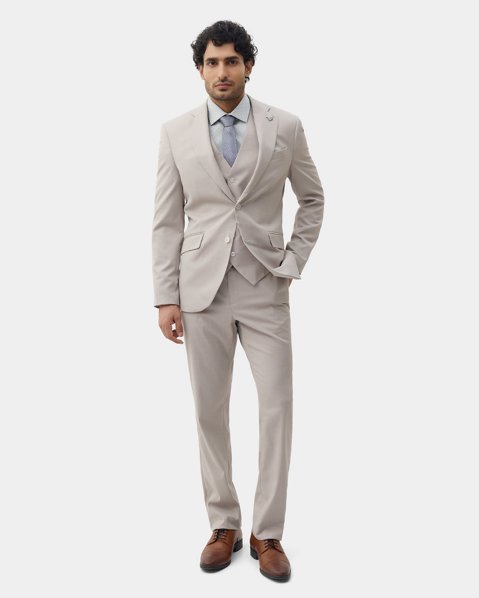 Beige Three Piece Textured Suit - Amster