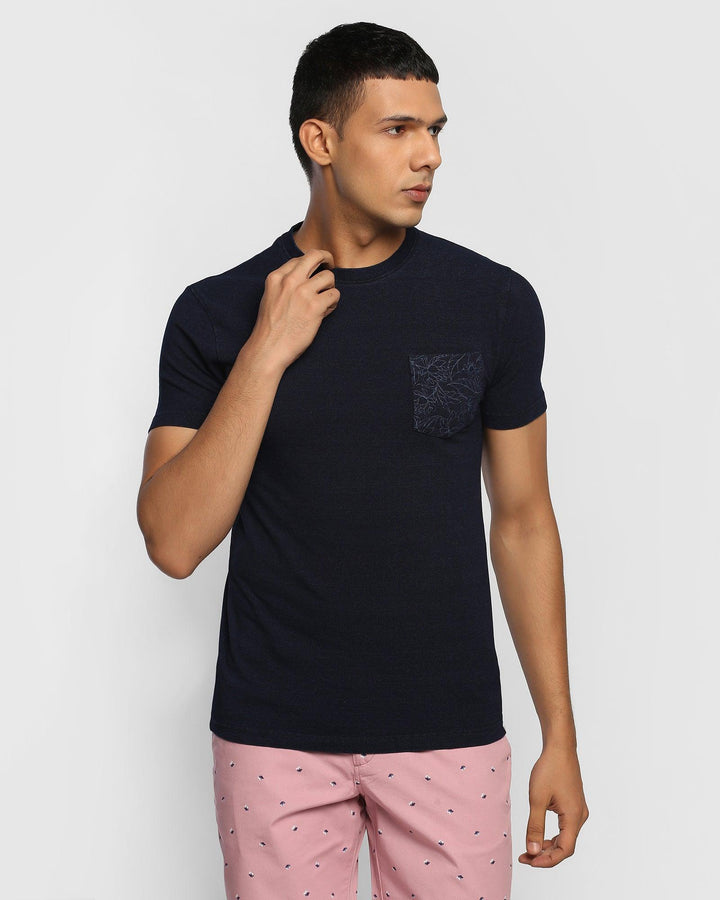 Crew Neck Indigo Solid T-Shirt - Guan