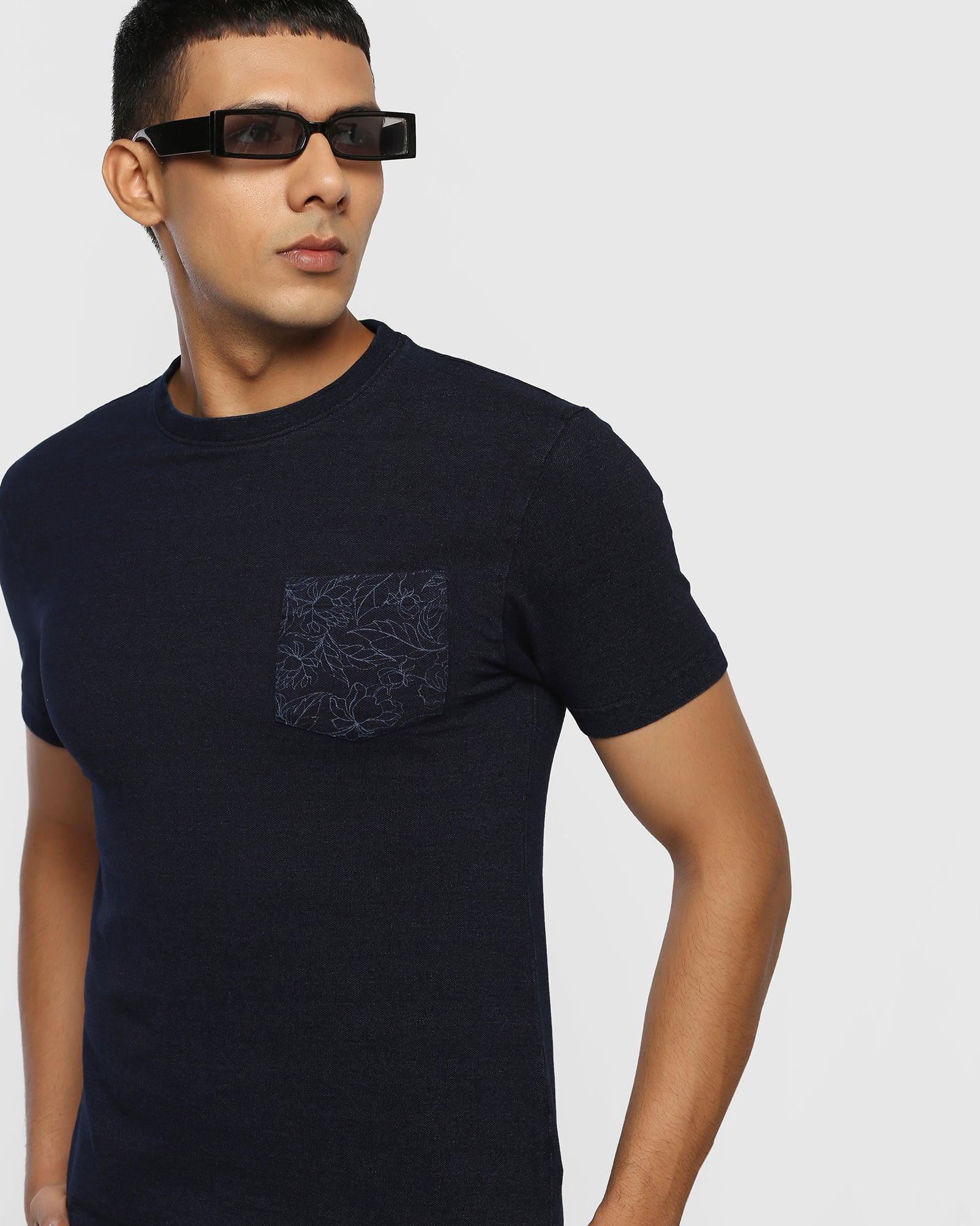 Crew Neck Indigo Solid T Shirt - Guan
