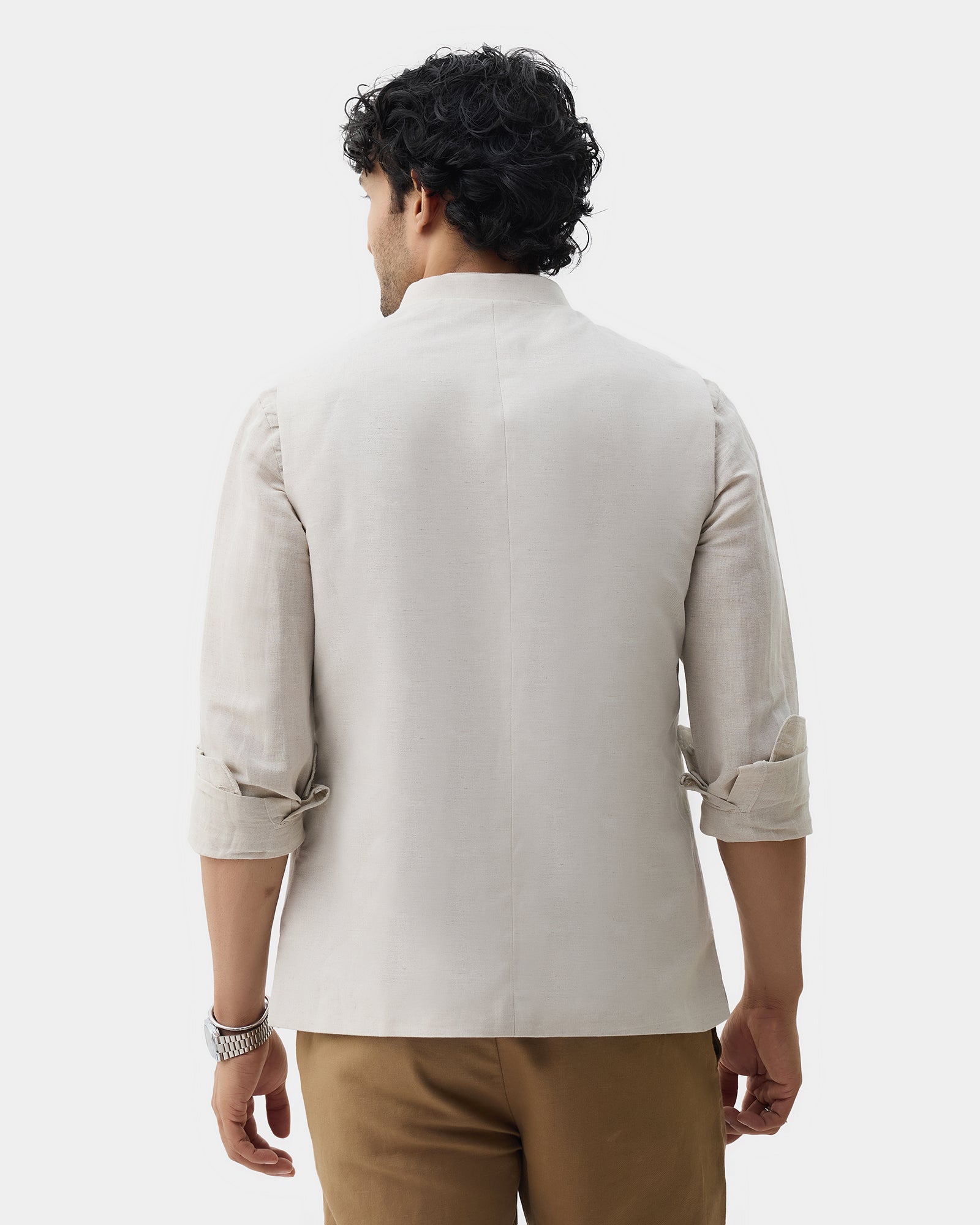 Beige Bandhgala Linen Textured Waistcoat - Drift