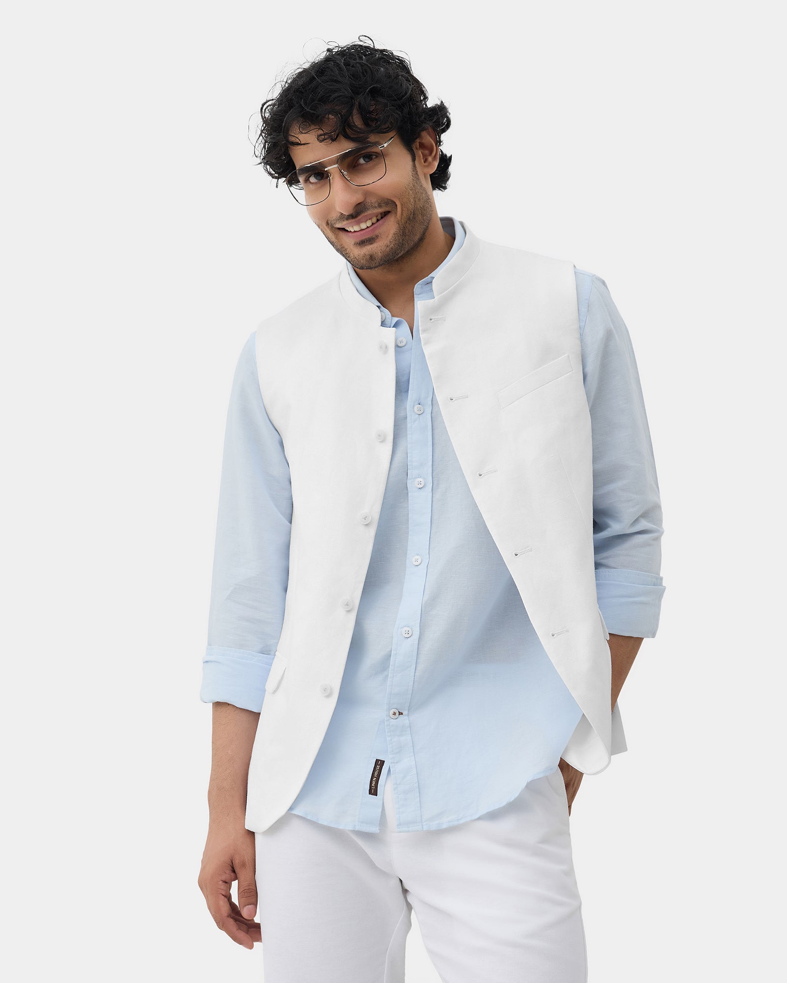 White Bandhgala Linen Textured Waistcoat - Drift