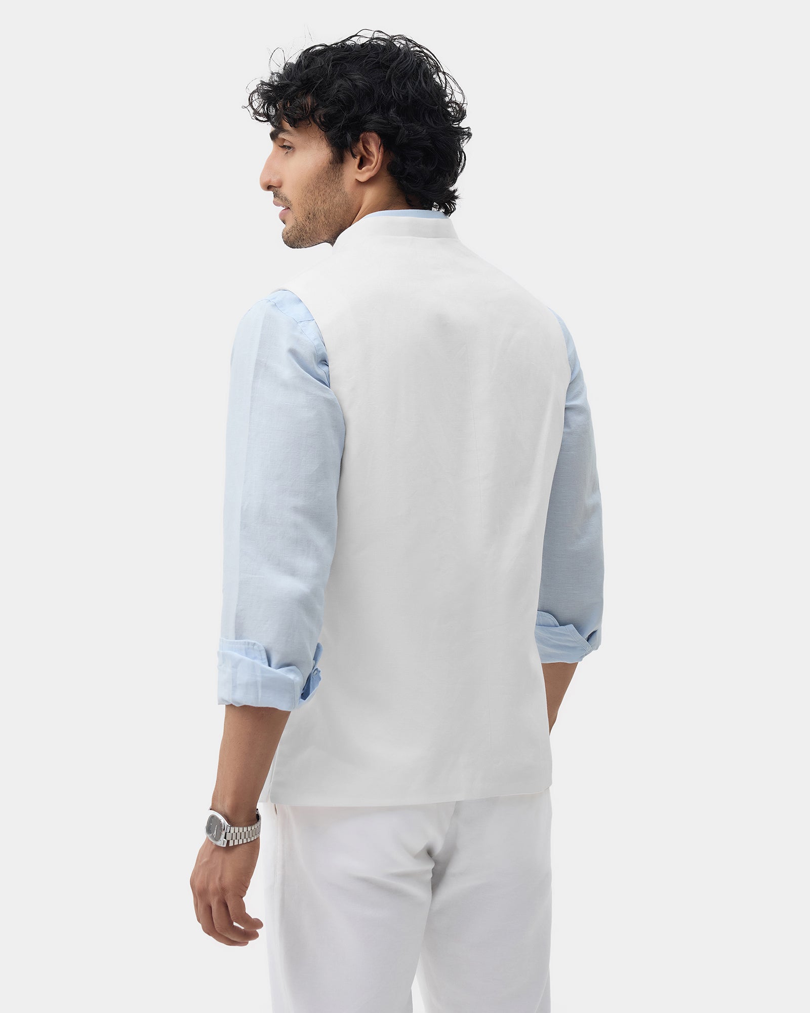 White Bandhgala Linen Textured Waistcoat - Drift