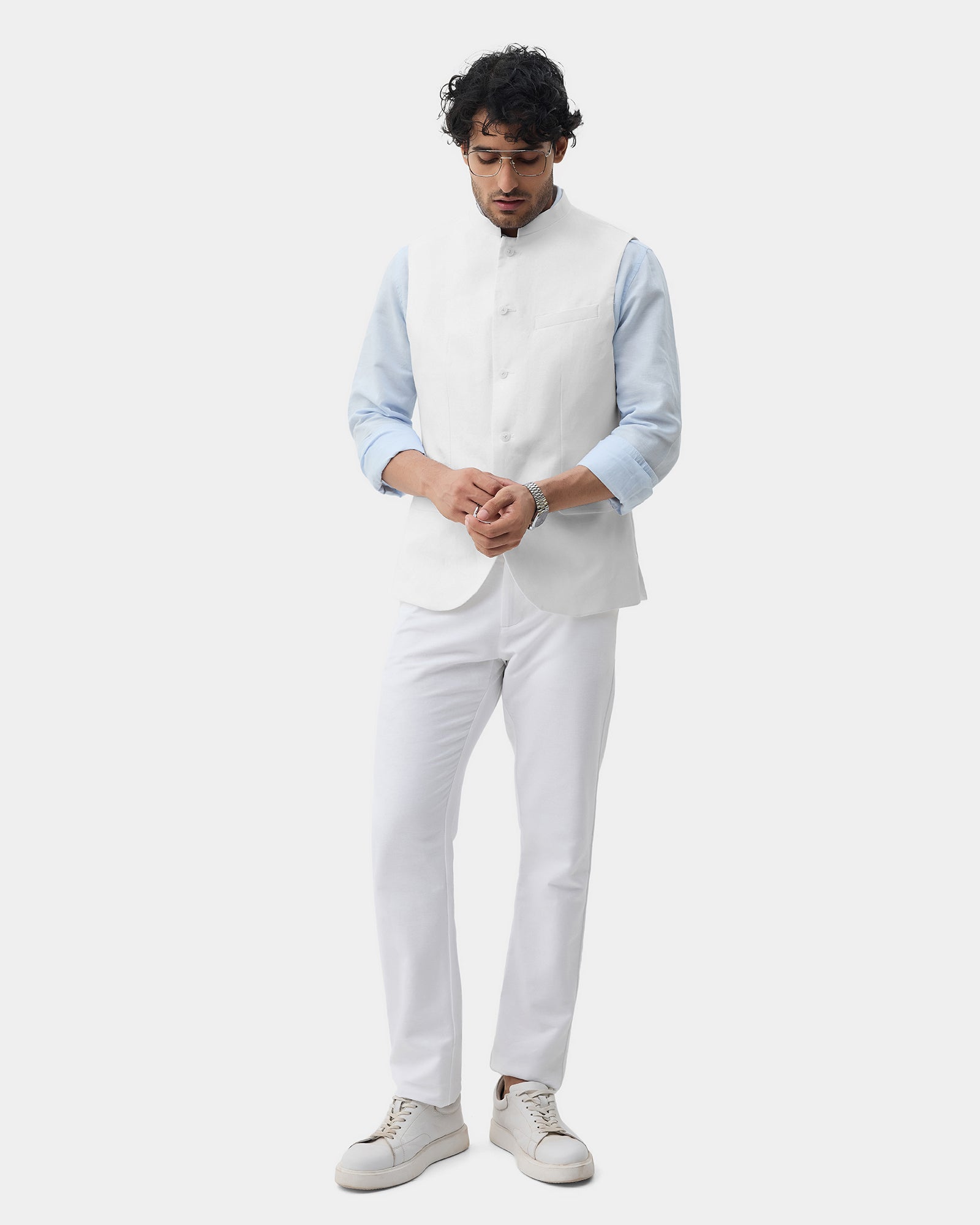 White Bandhgala Linen Textured Waistcoat - Drift