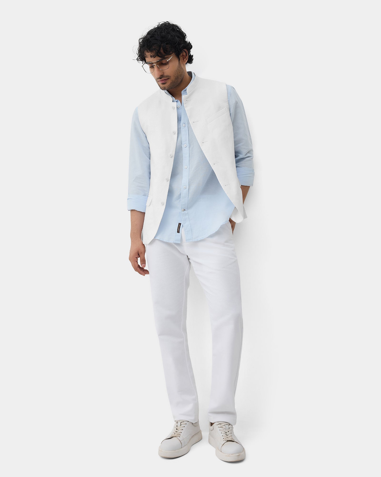 White Bandhgala Linen Textured Waistcoat - Drift