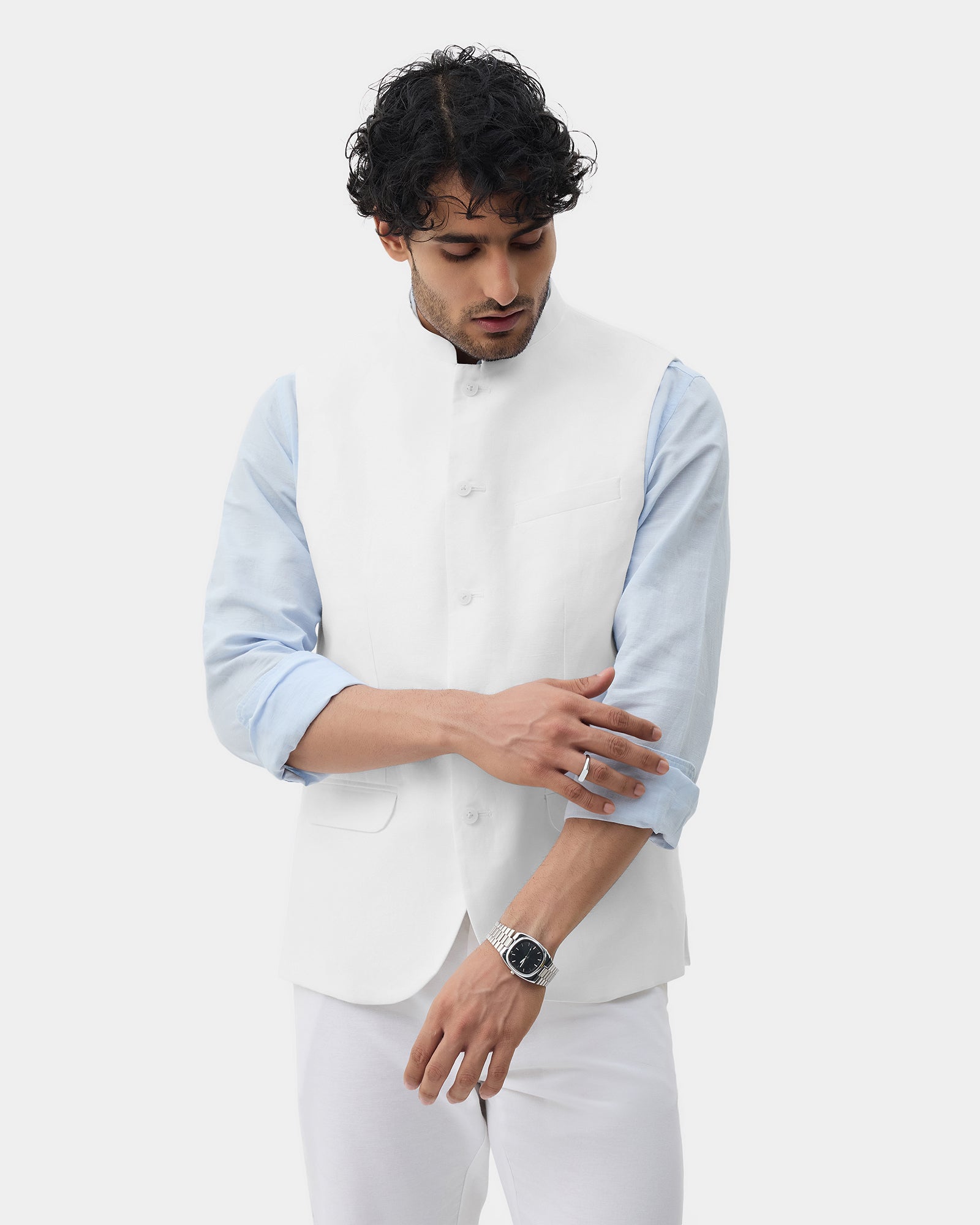 White Bandhgala Linen Textured Waistcoat - Drift