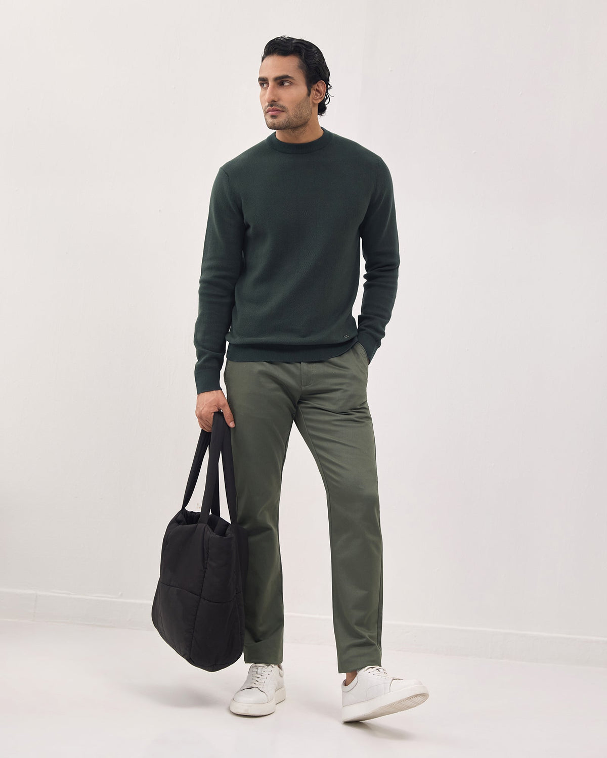 Dark Green Crew Neck Textured Sweater - Marita