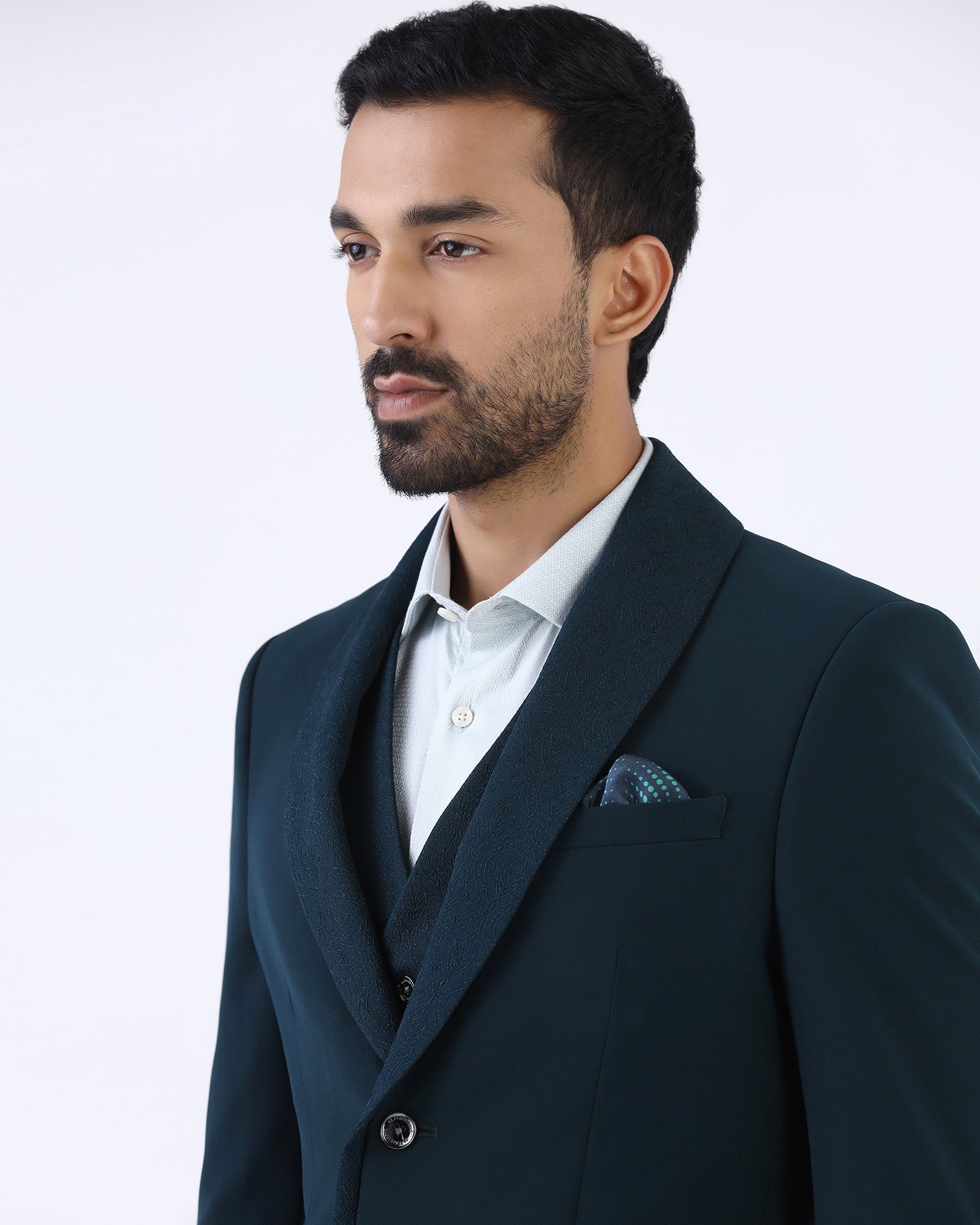 Dark Green Three Piece Textured Suit - Gerren