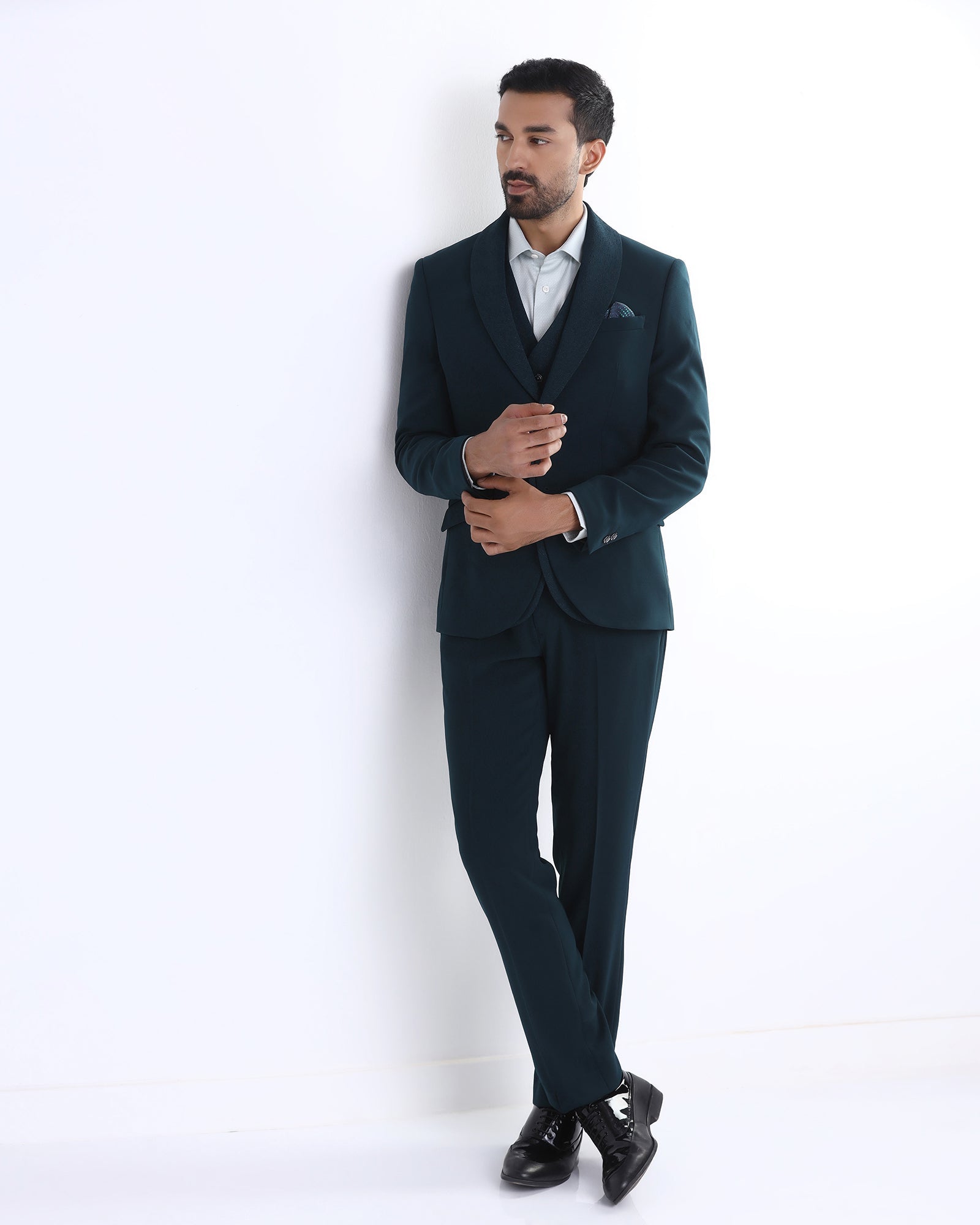 Dark Green Three Piece Textured Suit - Gerren