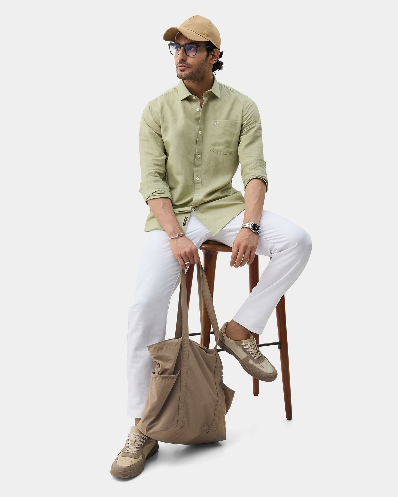 Light Green Linen Solid Shirt - Cleo