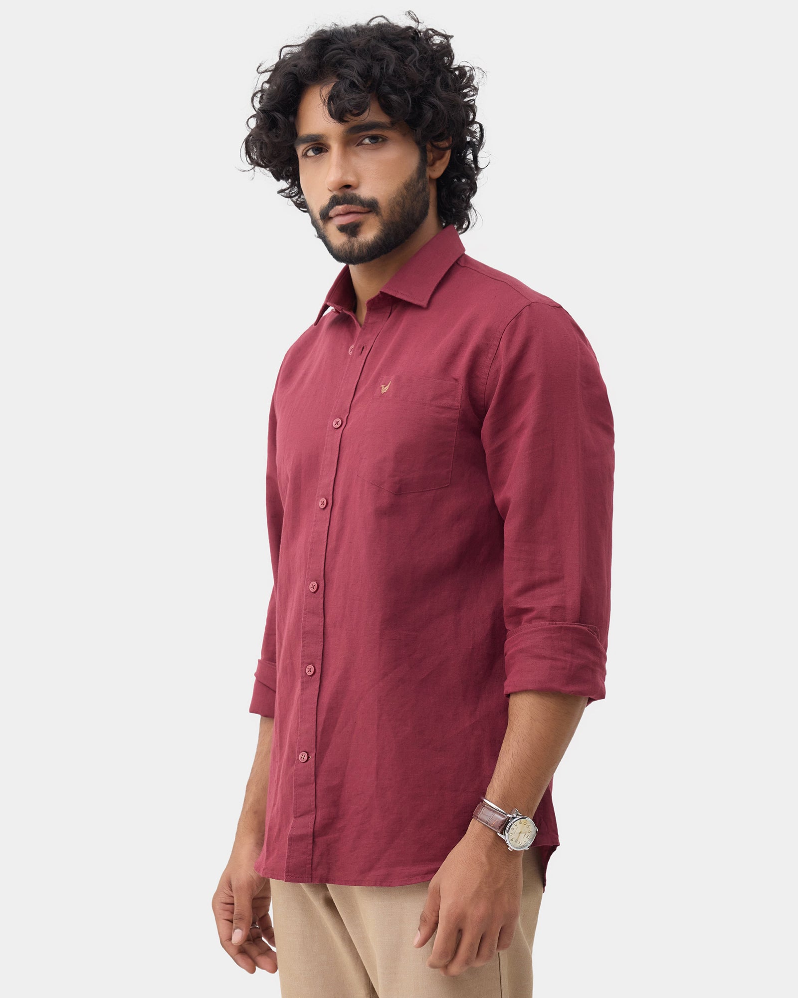 Wine Red Linen Solid Shirt - Cleo