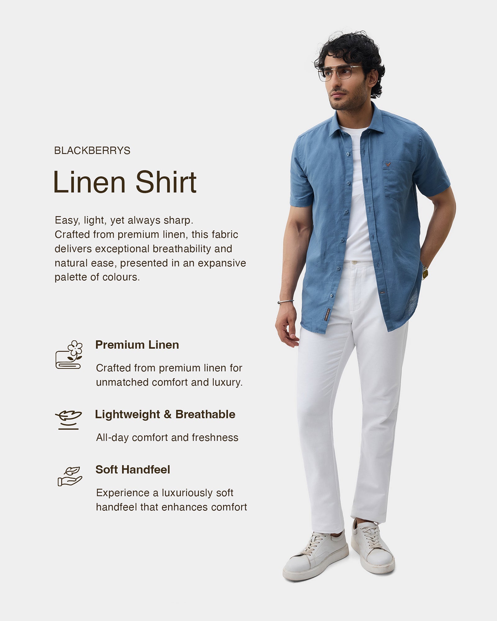 Blue Half Sleeve Linen Solid Shirt - Cleo