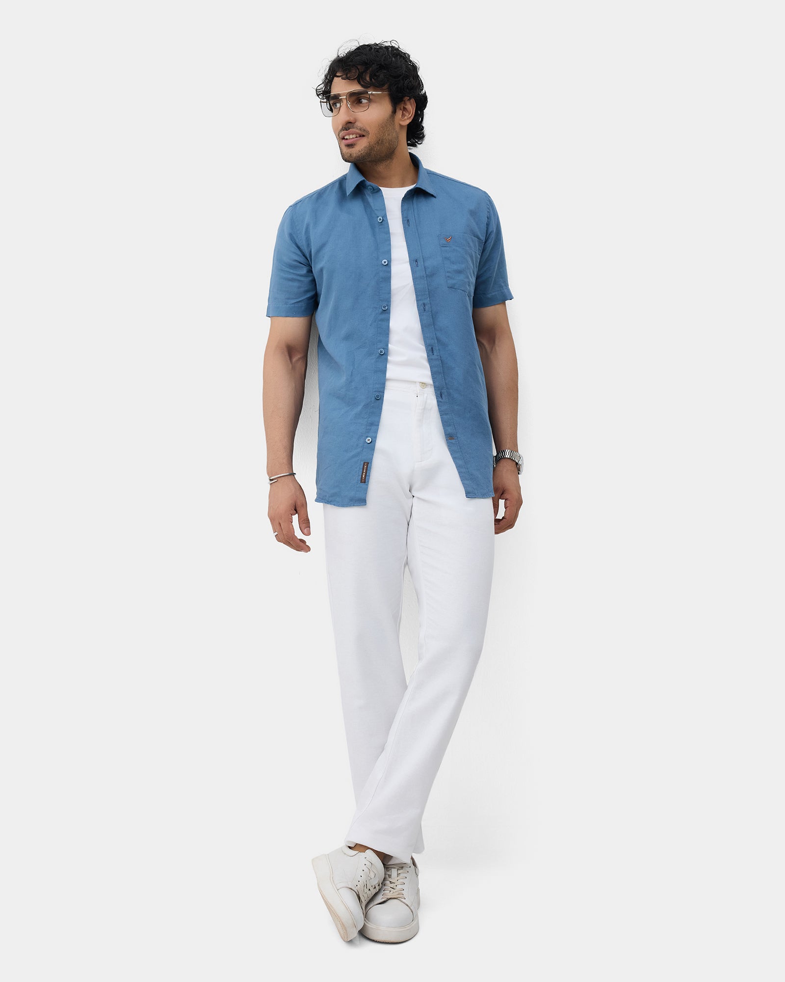 Blue Half Sleeve Linen Solid Shirt - Cleo