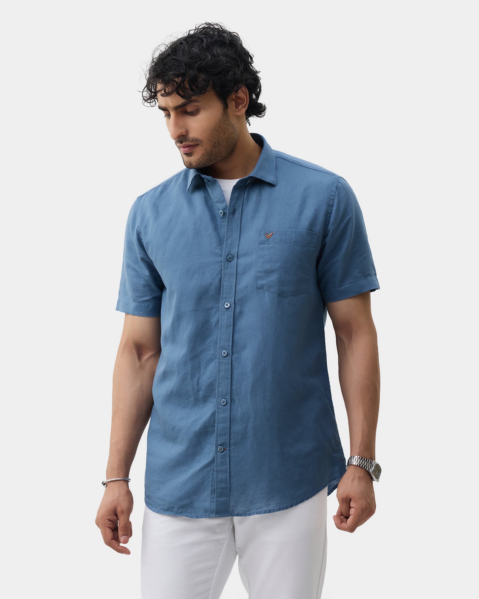 Blue Half Sleeve Linen Solid Shirt - Cleo