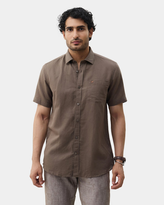 Brown Half Sleeve Linen Solid Shirt - Cleo