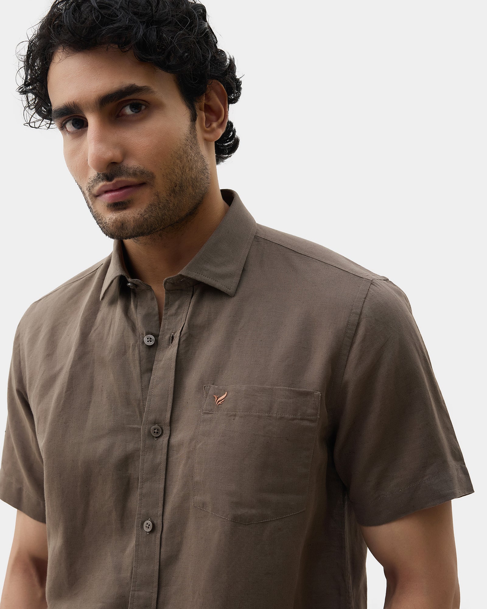 Brown Half Sleeve Linen Solid Shirt - Cleo