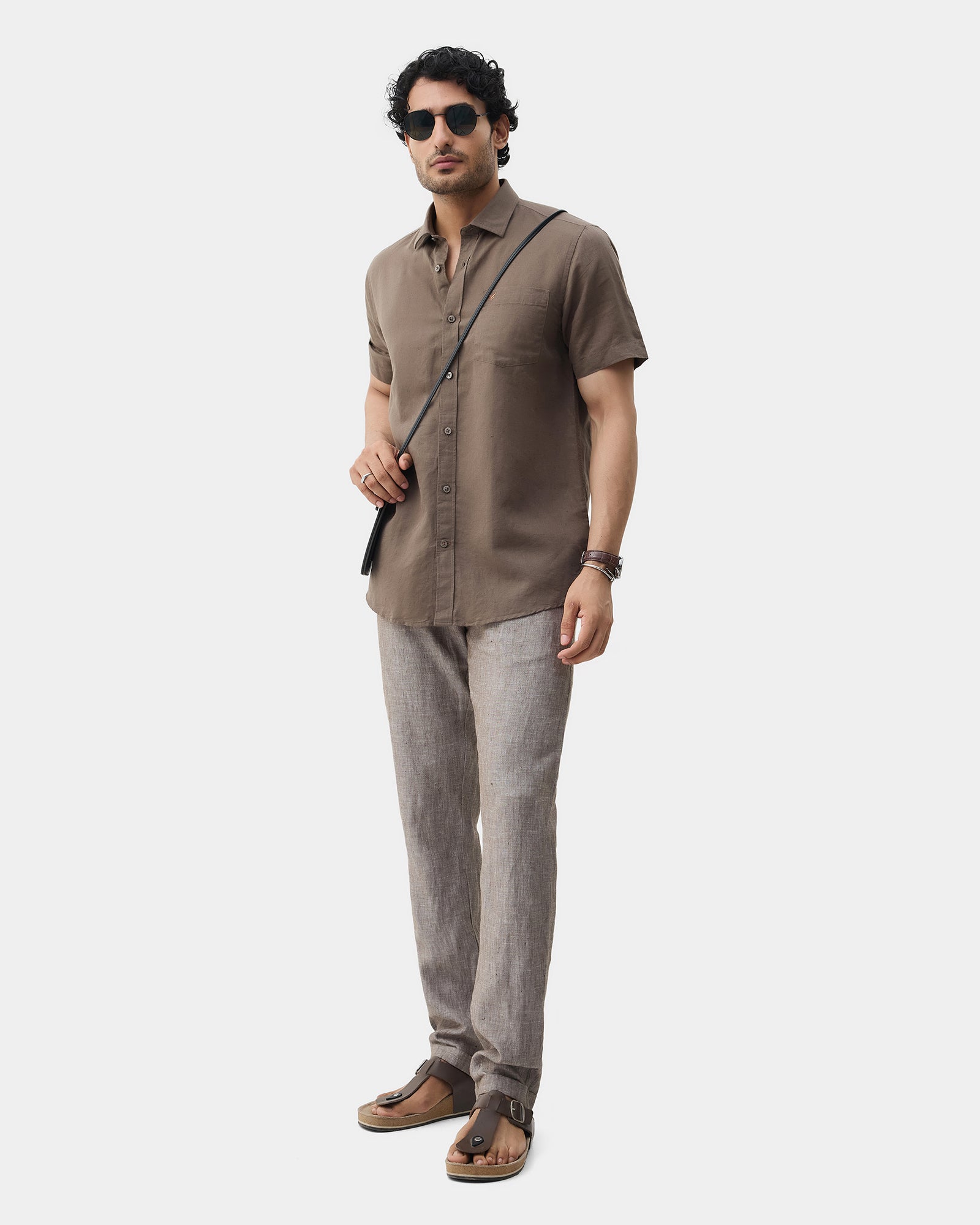 Brown Half Sleeve Linen Solid Shirt - Cleo